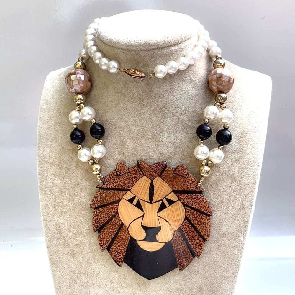 Statement Lion Pendant Necklace with Pearl and Bead Accents Vintage